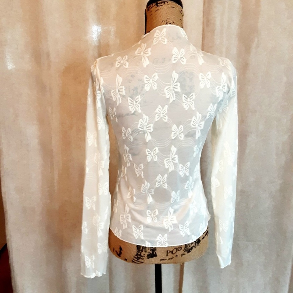 NWOT Ivory Cream Sheer Mesh Top Bows Pattern Long Sleeve Size L - Picture 4 of 11